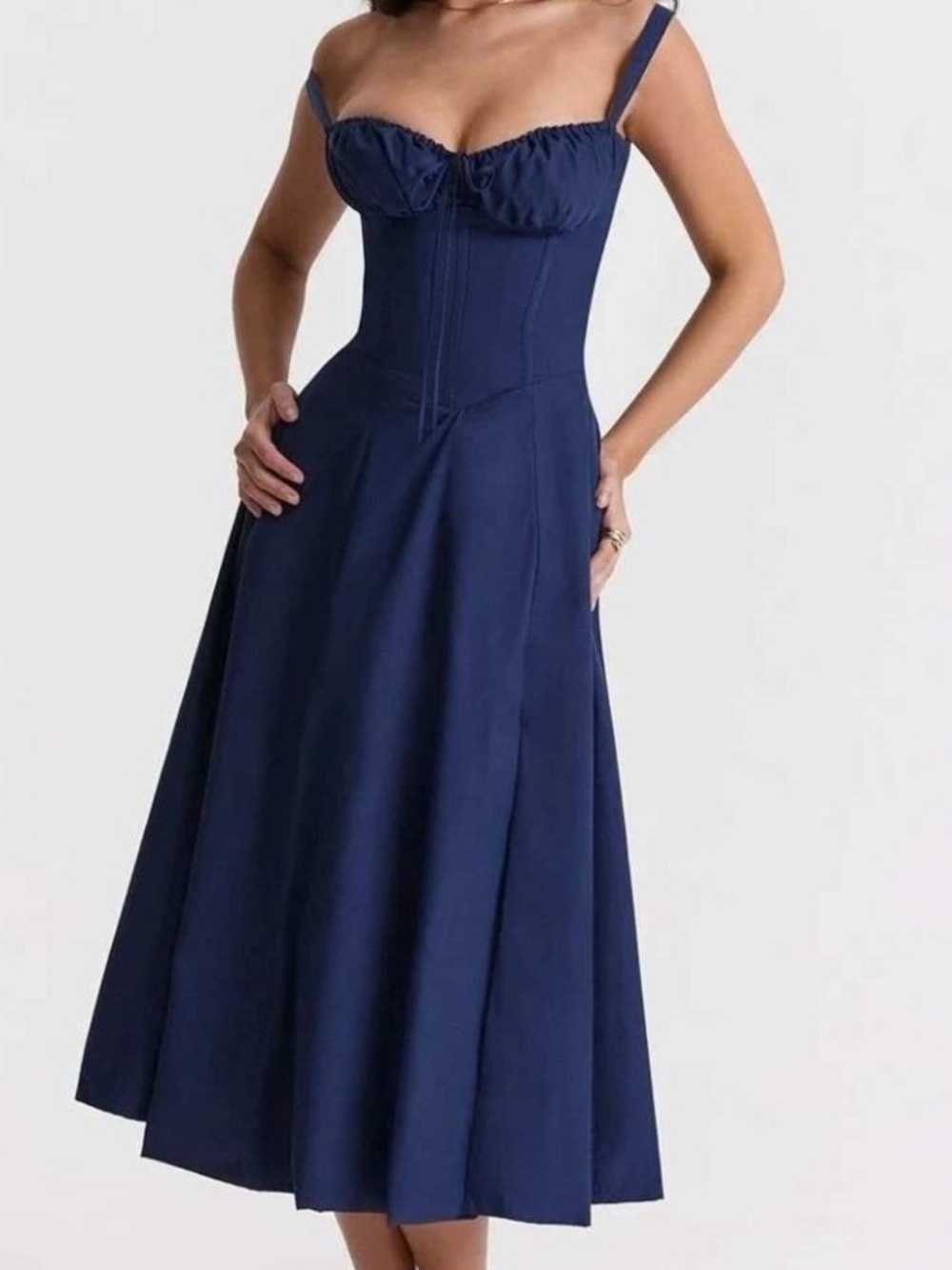House of CB Carmen Navy Blue Corset Lace Up Back Dress large Milkmaid Sundress